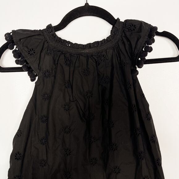 J Crew Womens XS Black Eyelet Pom Pom Top Ruffle Sleeveless Cotton Poplin Blouse - Picture 7 of 13